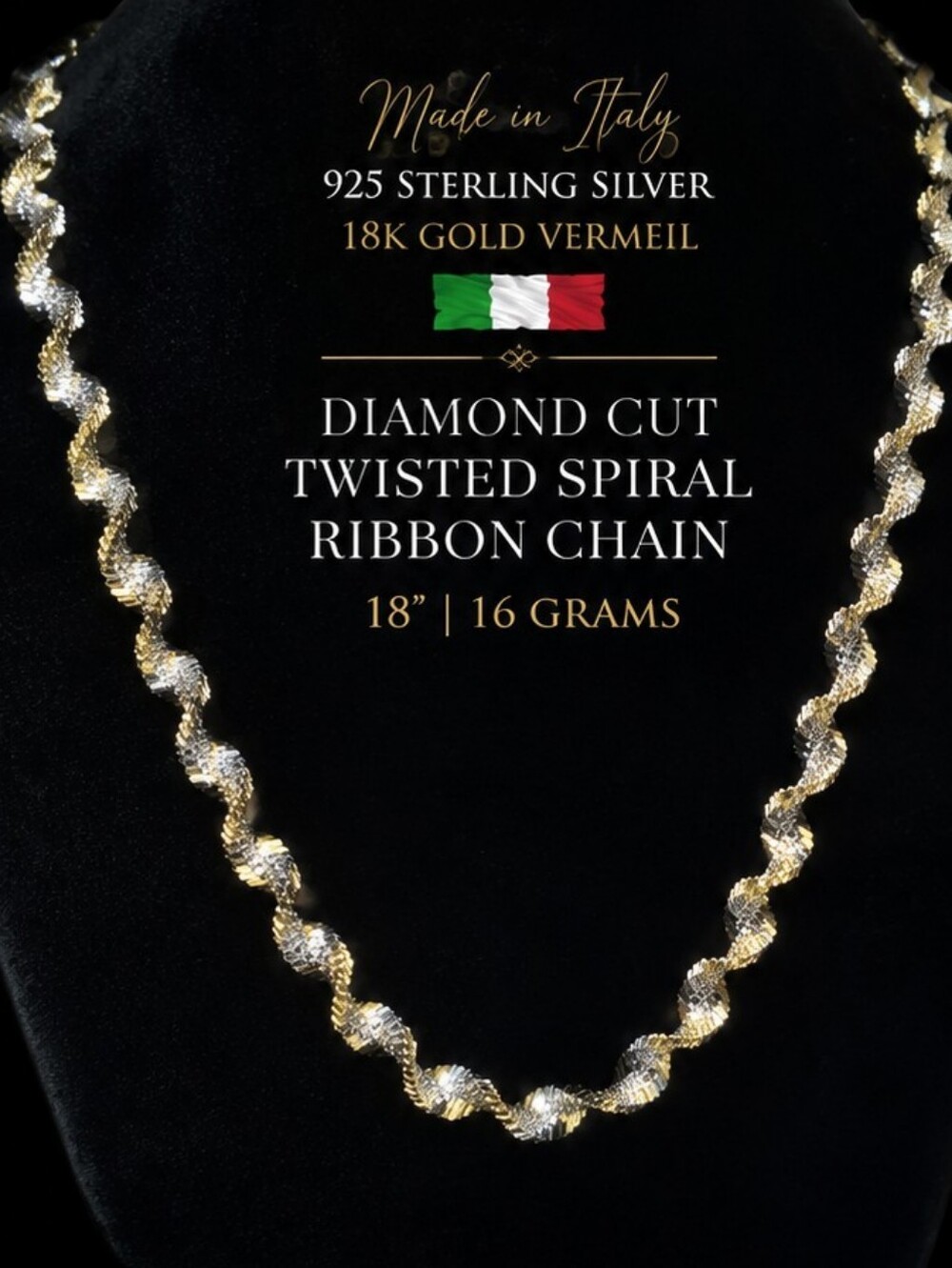 Italian 925 Sterling Silver 18K Gold Vermeil Diamond Cut Twisted Spiral Ribbon